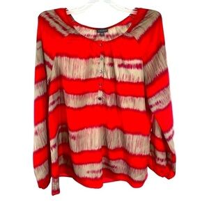 Boutique Brand Lilla P Bright Red & Taupe Round Neck Ikat Blouse Size Large